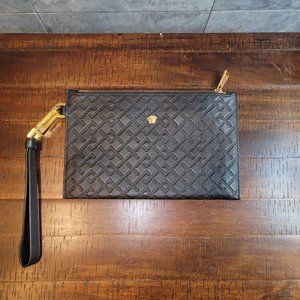 Authentic Versace Black Leather Wristlet Clutch, Gold Hardware 6.5"(L) x 10"(W)